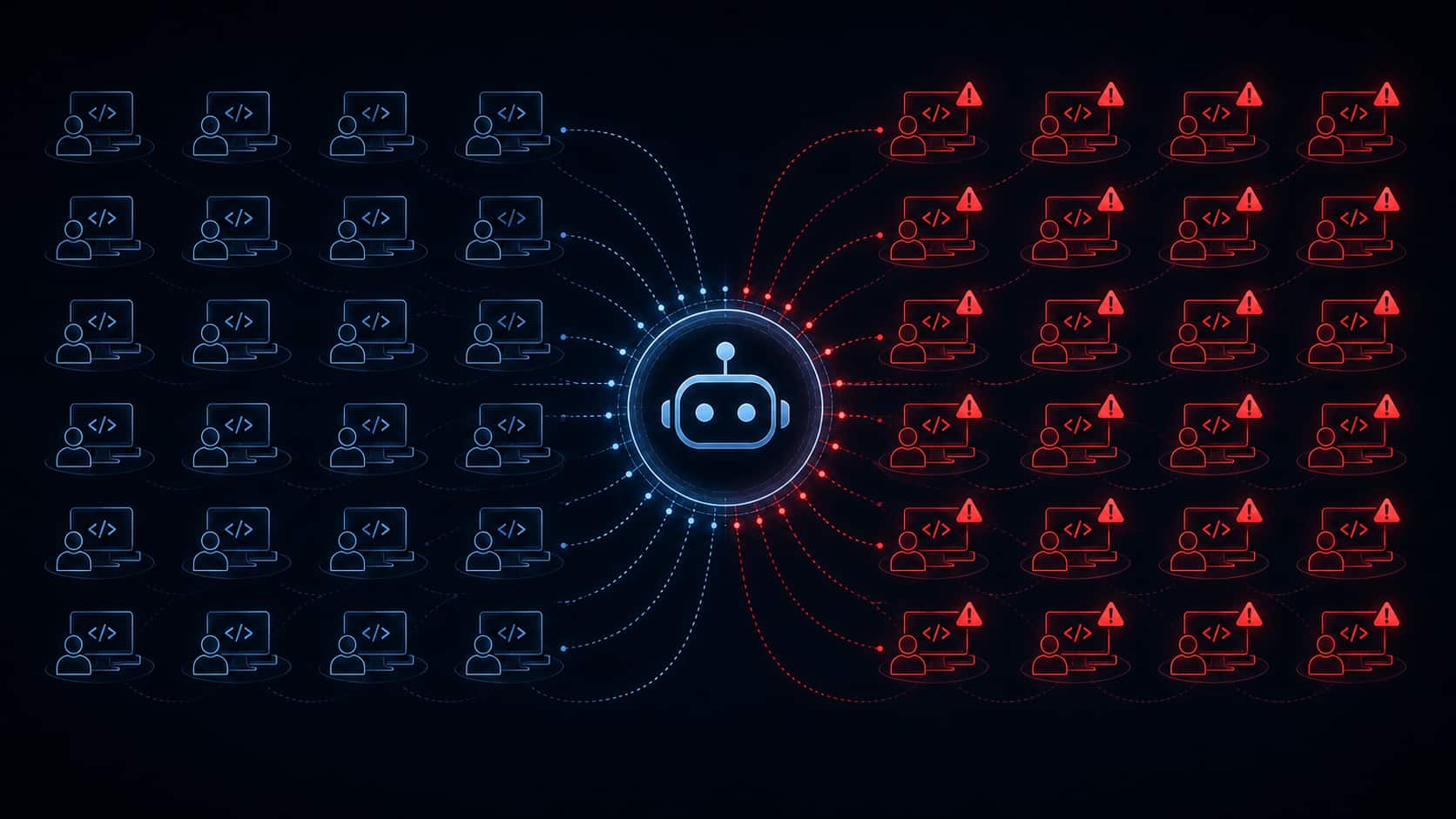Agentjacking'den etkilenen yapay zeka kodlama ajanlarını gösteren görsel: çok sayıda geliştirici istasyonunun bir kısmının uyarı rengiyle işaretlenmesi