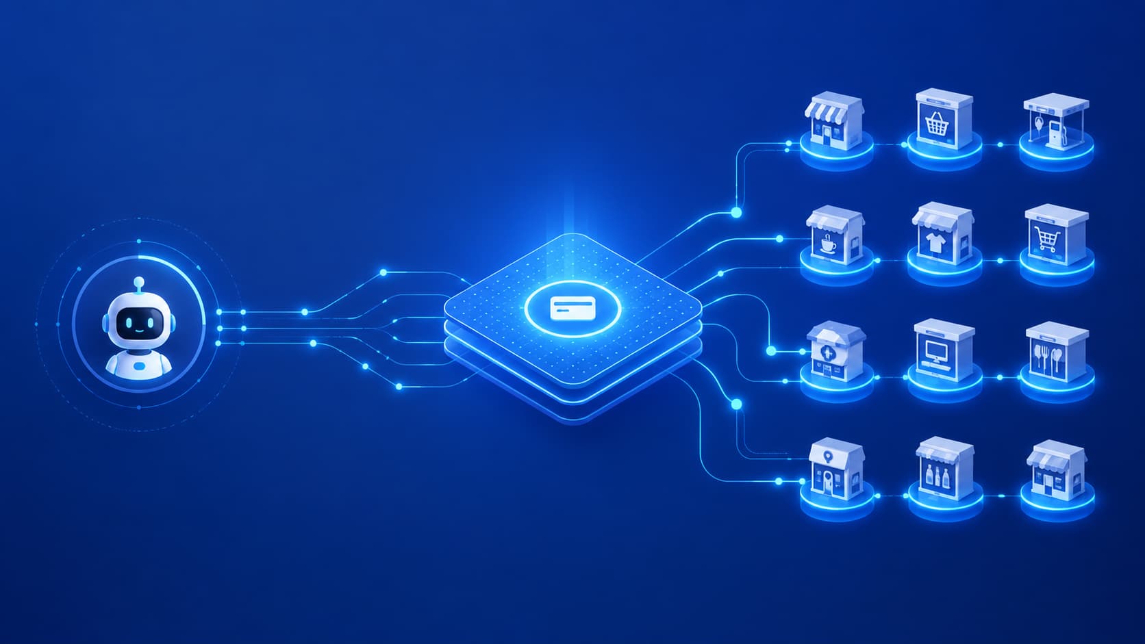 Visa ve OpenAI ödeme altyapısını temsil eden şema: bir yapay zeka ajanını geniş bir satıcı ağına bağlayan ödeme katmanı ve düğüm noktaları