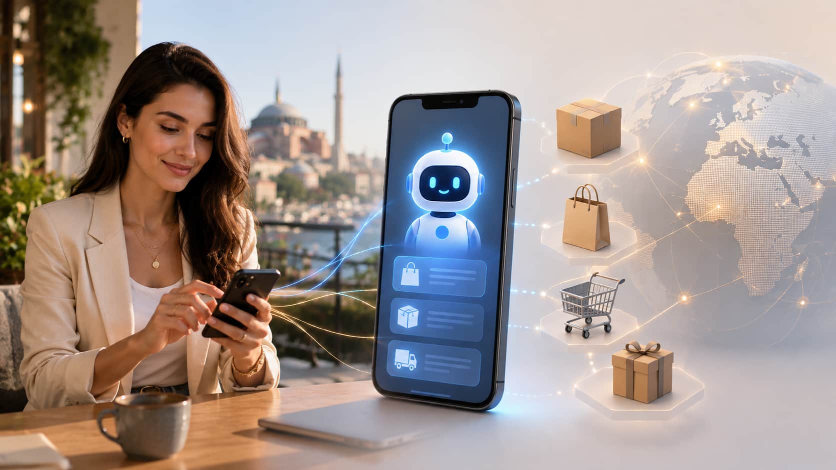 Türkiye'de yapay zeka ile alışveriş erişimini temsil eden görsel: bir asistan arayüzü, e-ticaret paket simgeleri ve global ağ vurgusu