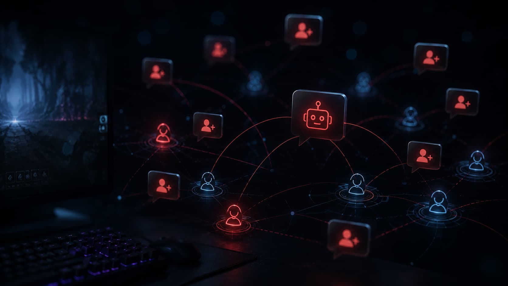 Oyun istemcisinde maç sonrasında beliren sahte arkadaşlık isteklerini ve otomatik bot mesajlarını temsil eden dijital illüstrasyon