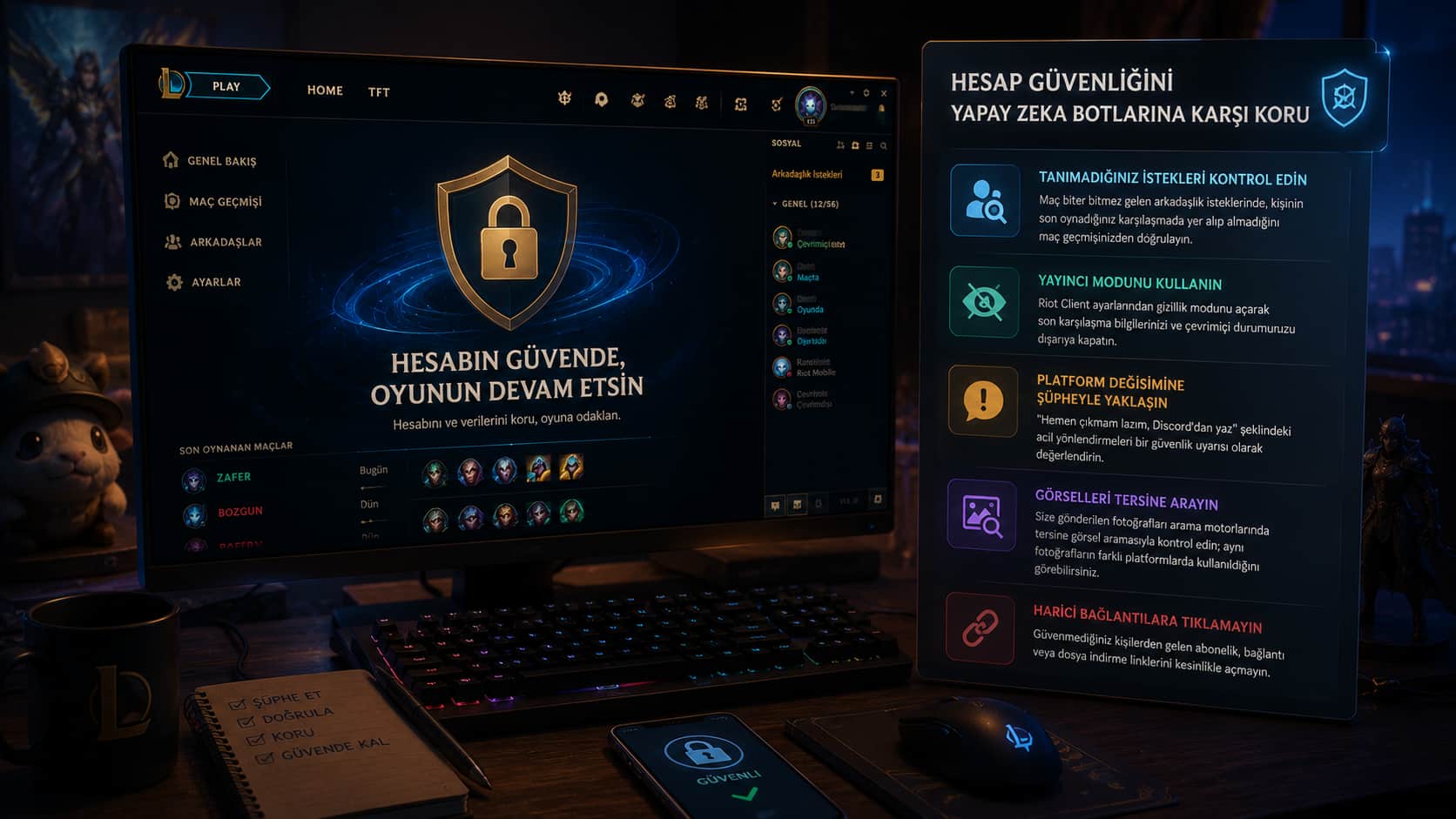 League of Legends oyuncularının hesaplarını ve verilerini yapay zeka botlarına karşı korumasına yardımcı olan güvenlik konsepti