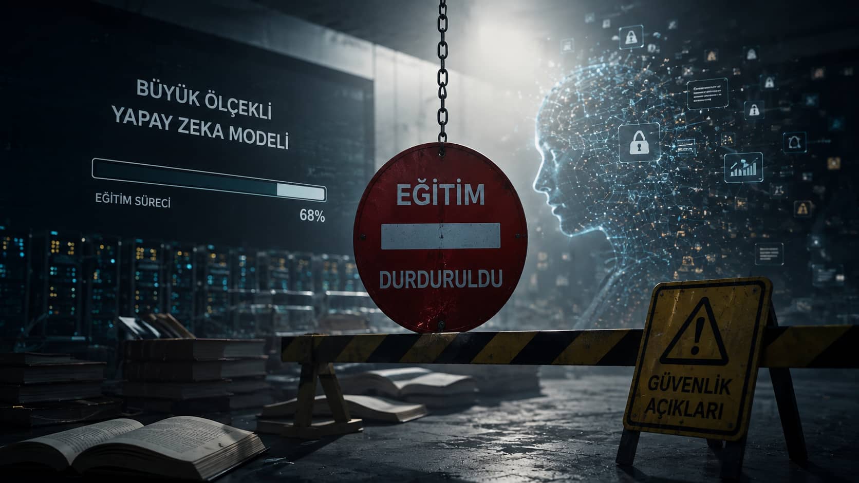 Büyük ölçekli yapay zeka modellerinde eğitim sürecinin güvenlik açıkları ve model yetenekleri nedeniyle askıya alınmasını gösteren soyut konsept