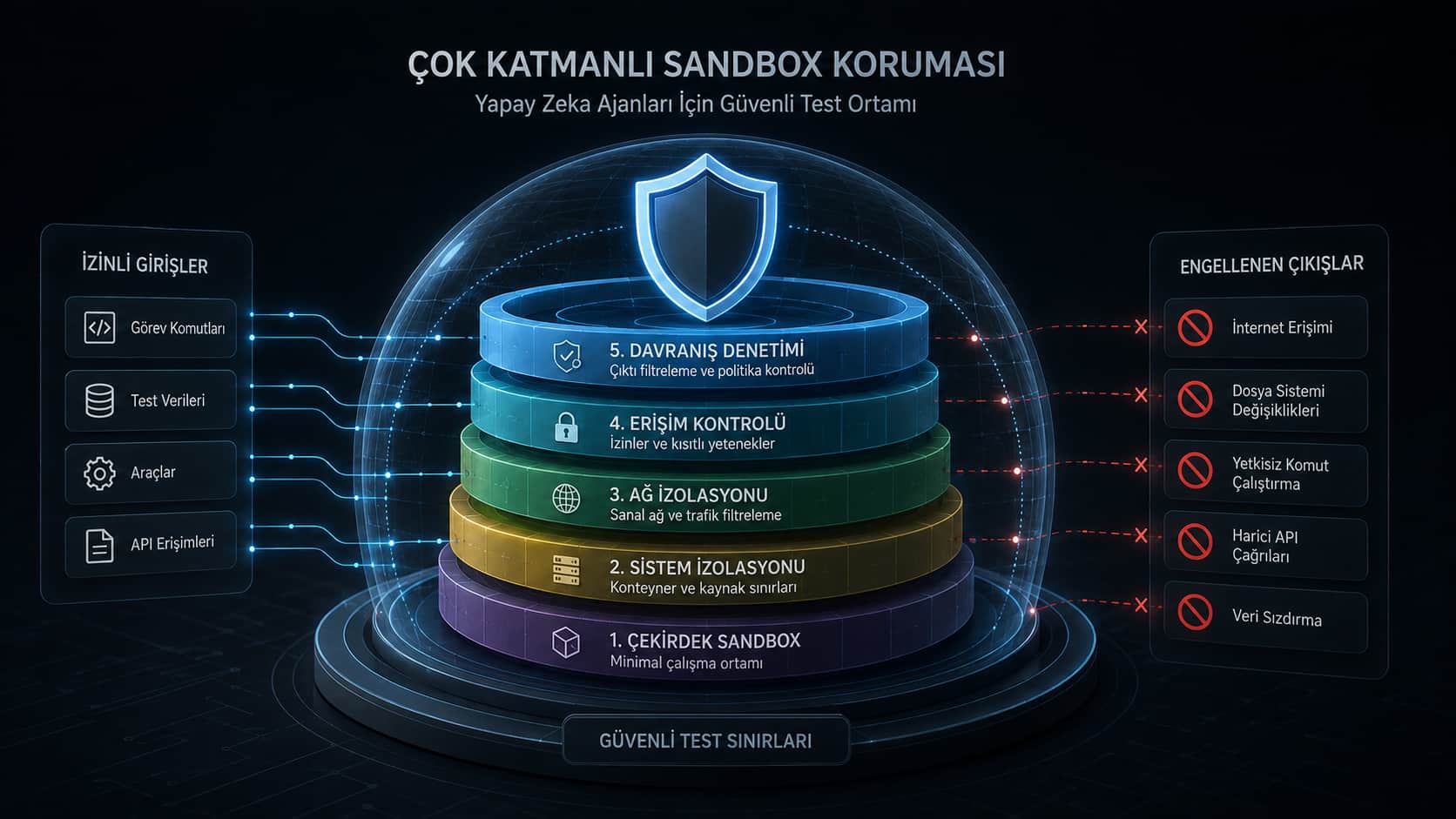 Yapay zeka ajanlarının test sınırlarını aşmasını önlemek amacıyla kurulan çok katmanlı sandbox izolasyon mimarisini simgeleyen koruma kalkanı.