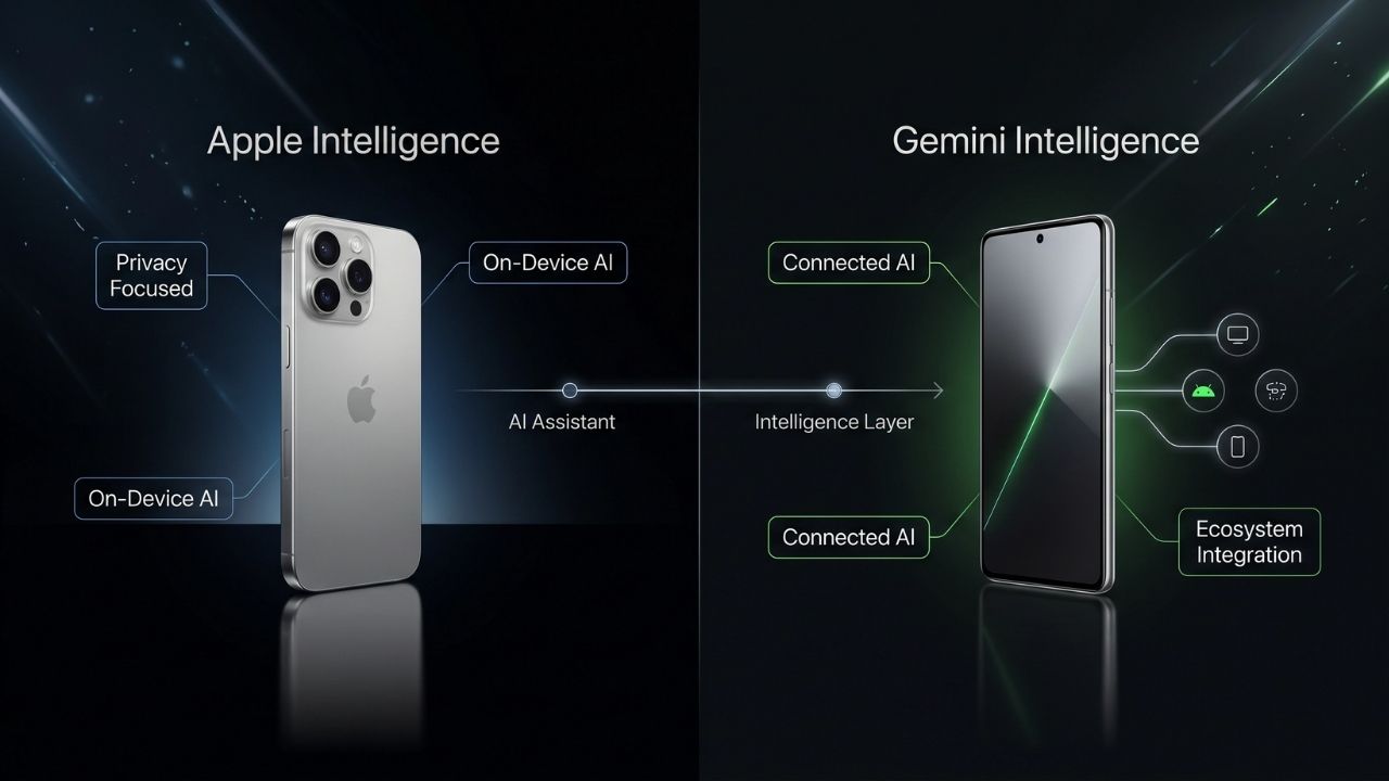 Apple Intelligence ve Gemini Intelligence sistemlerini karşılaştıran AI katmanı görseli
