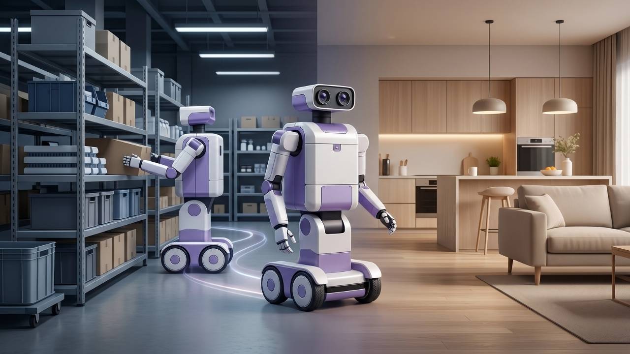 Reflex Robotics robotlarının depo operasyonlarından ev içi yardımcı görevlere geçişini gösteren görsel