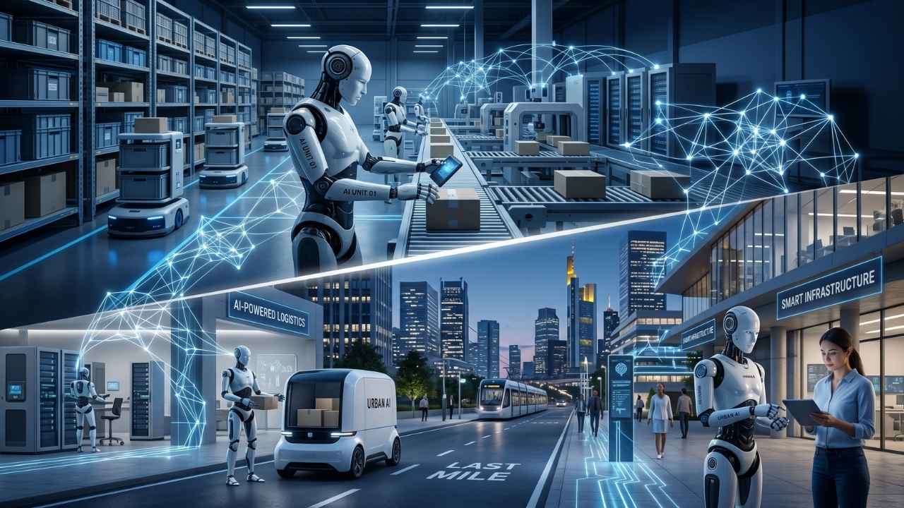 AI destekli robotların lojistik merkezleri, akıllı şehirler ve fiziksel otomasyon sistemlerinde kullanımını gösteren görselAI destekli robotların lojistik merkezleri, akıllı şehirler ve fiziksel otomasyon sistemlerinde kullanımını gösteren görsel