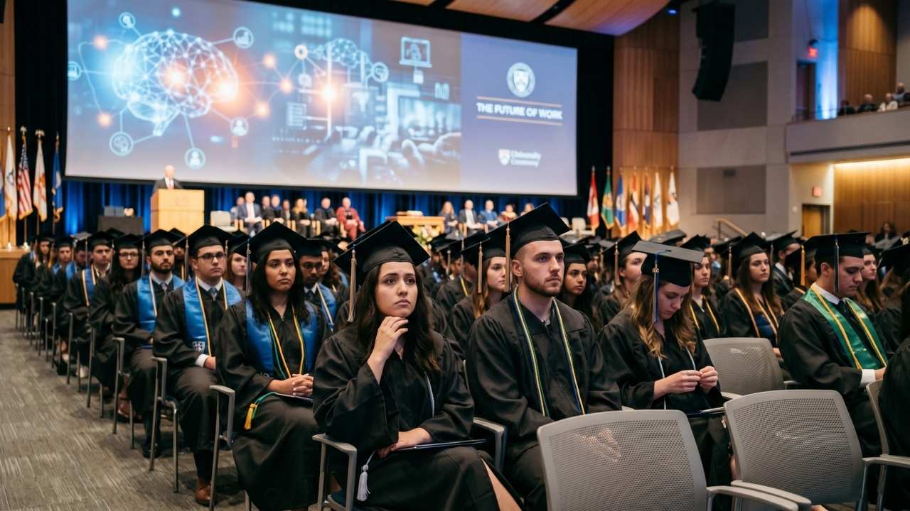 Yapay zeka ve iş gücü dönüşümü temalı mezuniyet töreninde geleceğe kaygıyla bakan üniversite öğrencileri