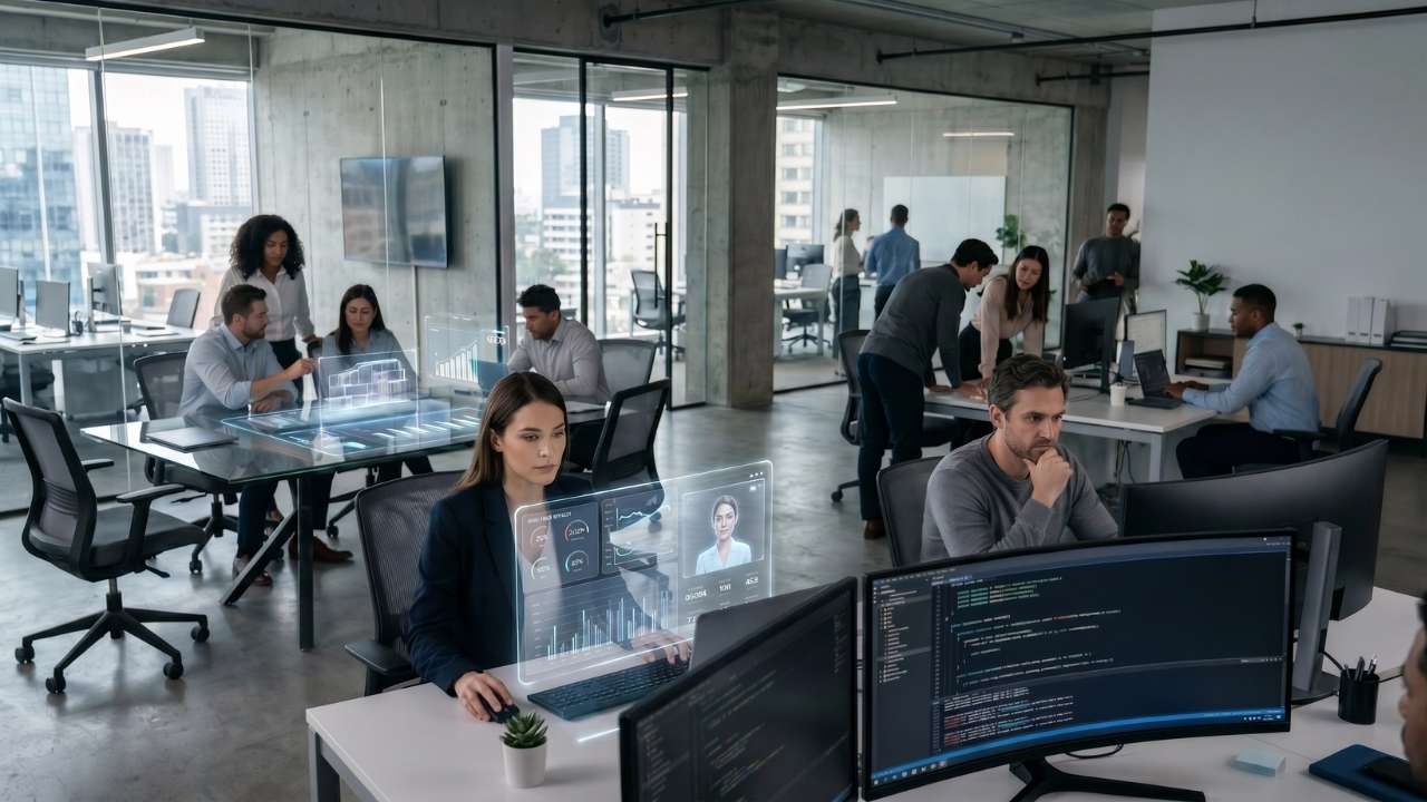 Yapay zeka destekli sistemlerle çalışan profesyonellerin bulunduğu modern ofis ortamı