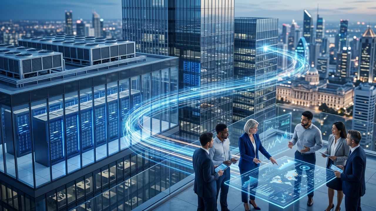 AI veri merkezi yatırımı kapsamında modern veri merkezi ve ticari gayrimenkul uzmanlarının dijital altyapı planlaması yaptığı görüntü.