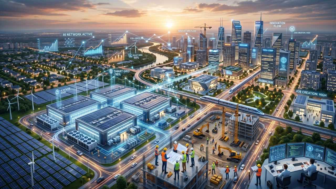 AI veri merkezi yatırımlarının şehir ekonomisine, istihdama ve dijital altyapı gelişimine katkısını gösteren modern akıllı şehir görseli.