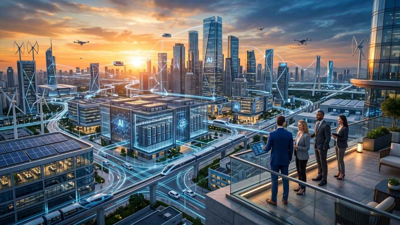 Yapay zekâ veri merkezleri, akıllı şehirler ve ticari gayrimenkul projelerinin gelecekte oluşturacağı entegre dijital ekosistemi gösteren görsel.
