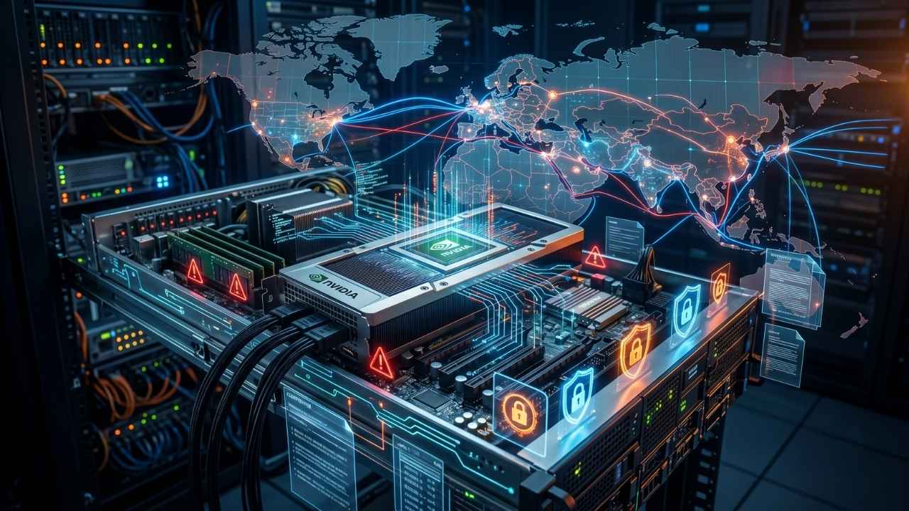 Nvidia GPU yüklü AI sunucu, küresel veri ağı ve holografik güvenlik sembolleri ile AI çip kaçakçılığı ve ihracat uyumluluğu krizini temsil eden görsel.