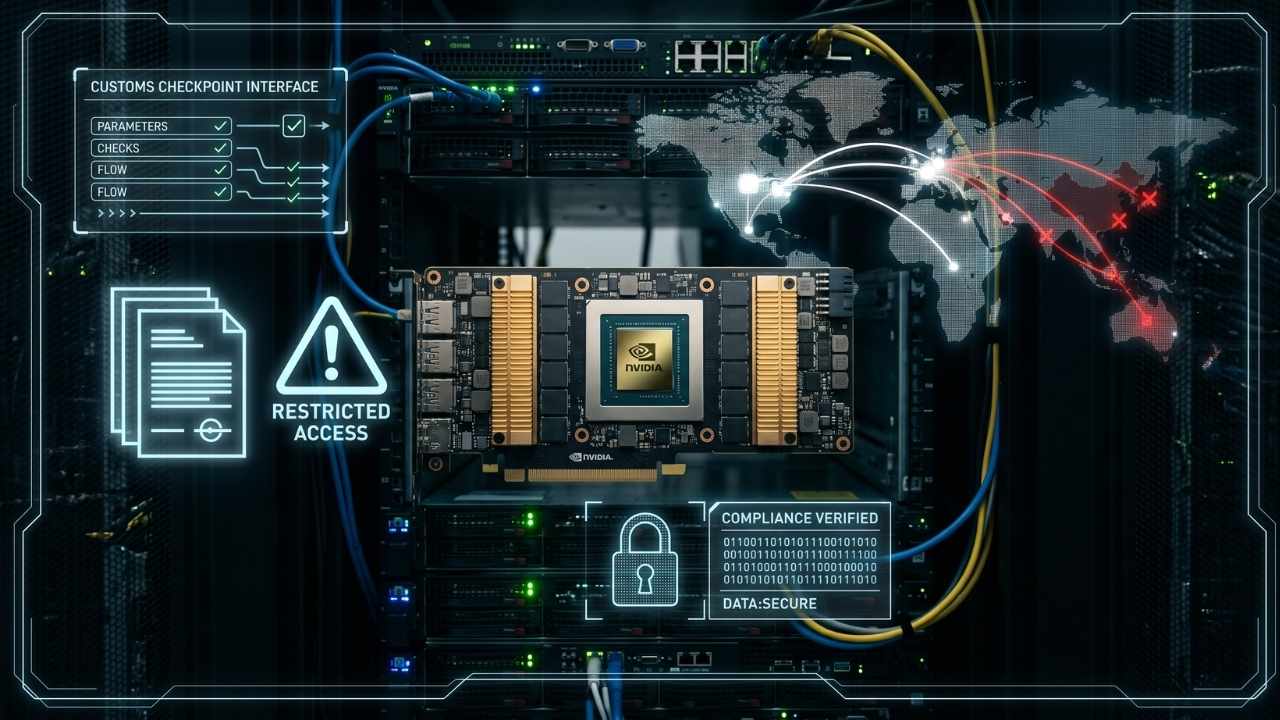 Nvidia GPU yüklü AI sunucu, küresel veri haritası, dijital kilitler ve sınırlı erişim simgeleri ile Nvidia ihracat kuralları ve AI çip uyumluluğunu temsil eden görsel.