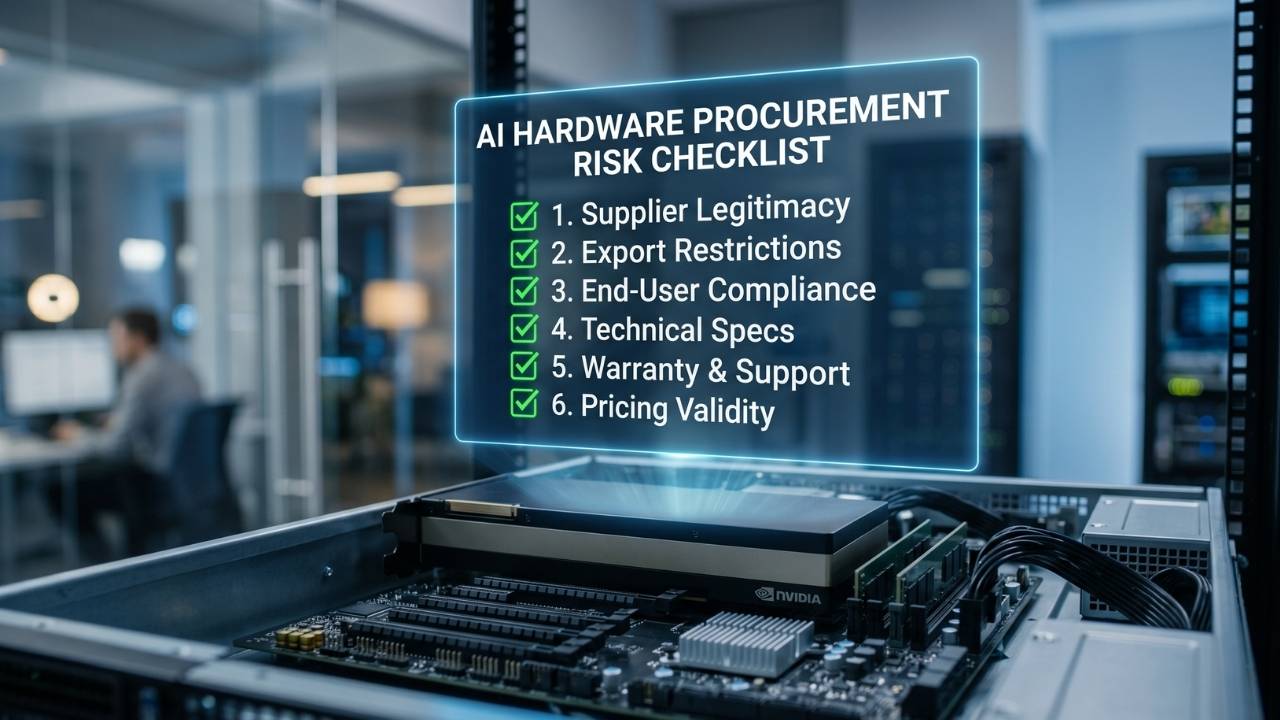 Nvidia GPU içeren AI sunucu üzerinde tedarikçi güvenilirliği, ihracat kısıtlamaları, son kullanıcı uyumu ve fiyat geçerliliği maddelerini gösteren donanım satın alma risk kontrol listesi.