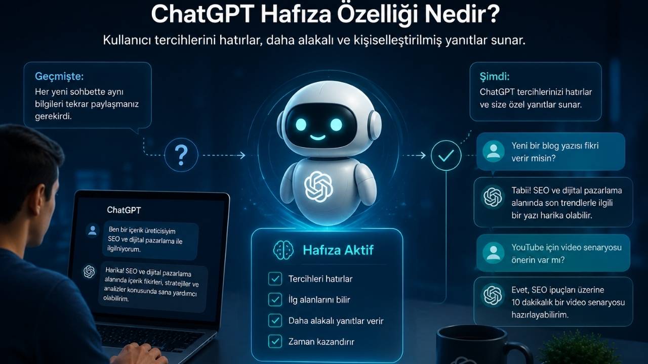 ChatGPT hafıza özelliğinin kullanıcı tercihlerini hatırlayarak kişiselleştirilmiş yanıtlar sunduğunu gösteren yapay zeka görseli