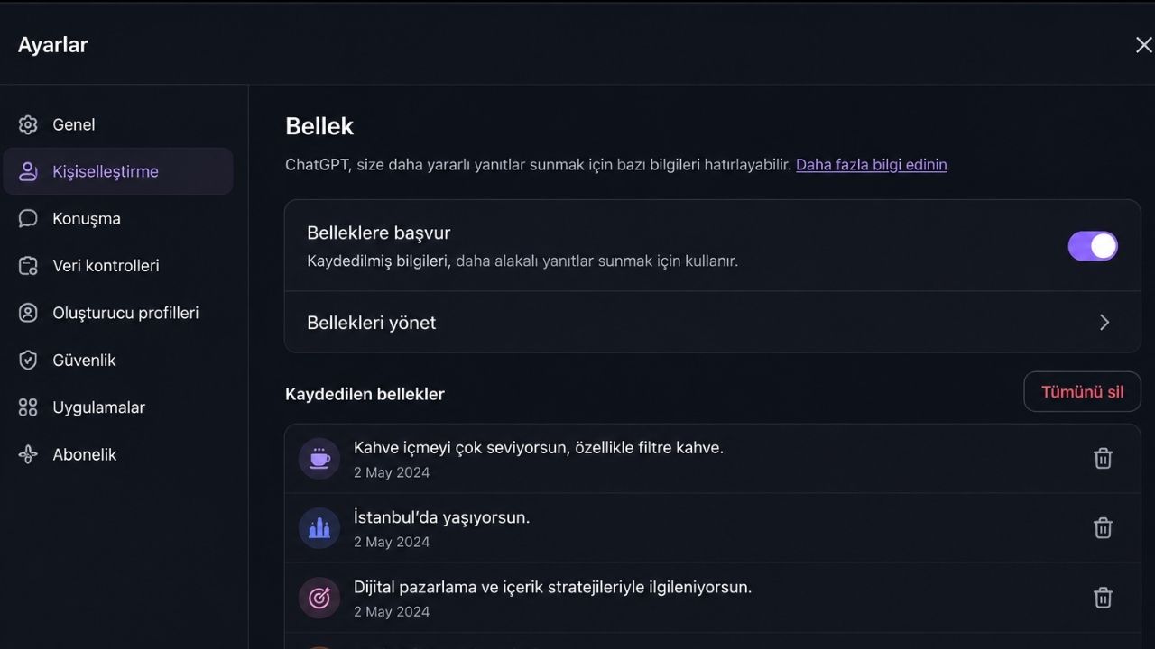 ChatGPT hafıza özelliği ayarları ekranı ve kaydedilen belleklerin yönetildiği dark mode kullanıcı arayüzü