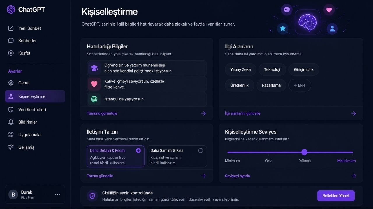 ChatGPT kişiselleştirme özelliğini gösteren kullanıcı tercihleri, ilgi alanları ve iletişim tarzı ayarlarının bulunduğu dark mode arayüz