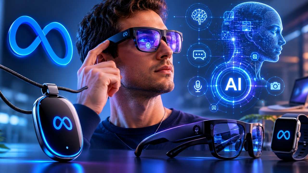 Meta'nın yapay zeka destekli akıllı gözlük, AI pendant ve giyilebilir teknoloji vizyonunu gösteren futuristik teknoloji görseli