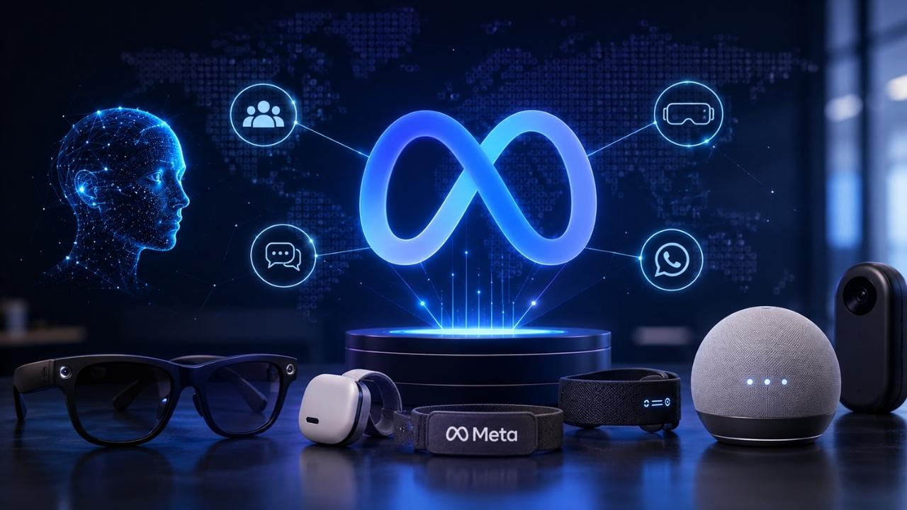 Meta'nın yapay zeka destekli donanım ekosistemini, akıllı gözlükleri ve AI teknolojilerine yaptığı yatırımları temsil eden futuristik teknoloji görseli