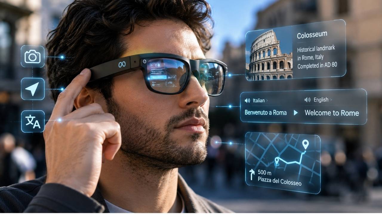 Yapay zeka destekli akıllı gözlük kullanan bir kişinin gerçek zamanlı çeviri, navigasyon ve bilgi erişimi özelliklerinden yararlandığını gösteren futuristik teknoloji görseli