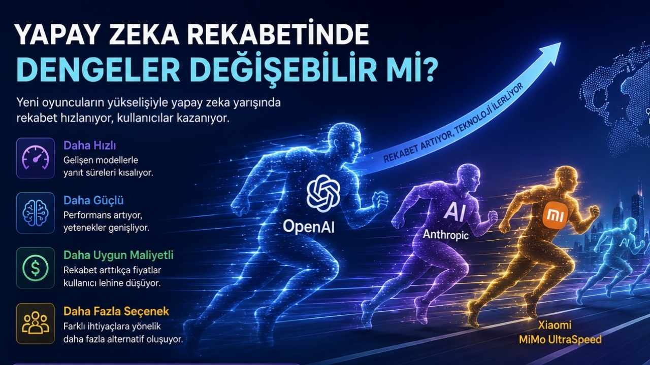 OpenAI, Anthropic ve Xiaomi gibi şirketlerin yer aldığı küresel yapay zeka rekabetini gösteren infografik