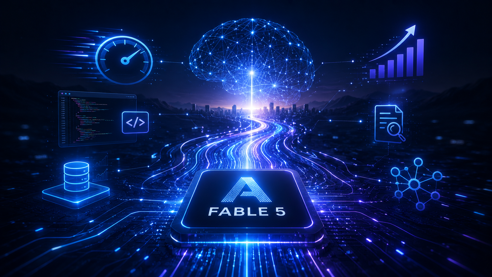 Anthropic Fable 5 yapay zeka modelinin gelecekteki gelişim alanlarını ve yeni nesil özelliklerini temsil eden teknoloji görseli