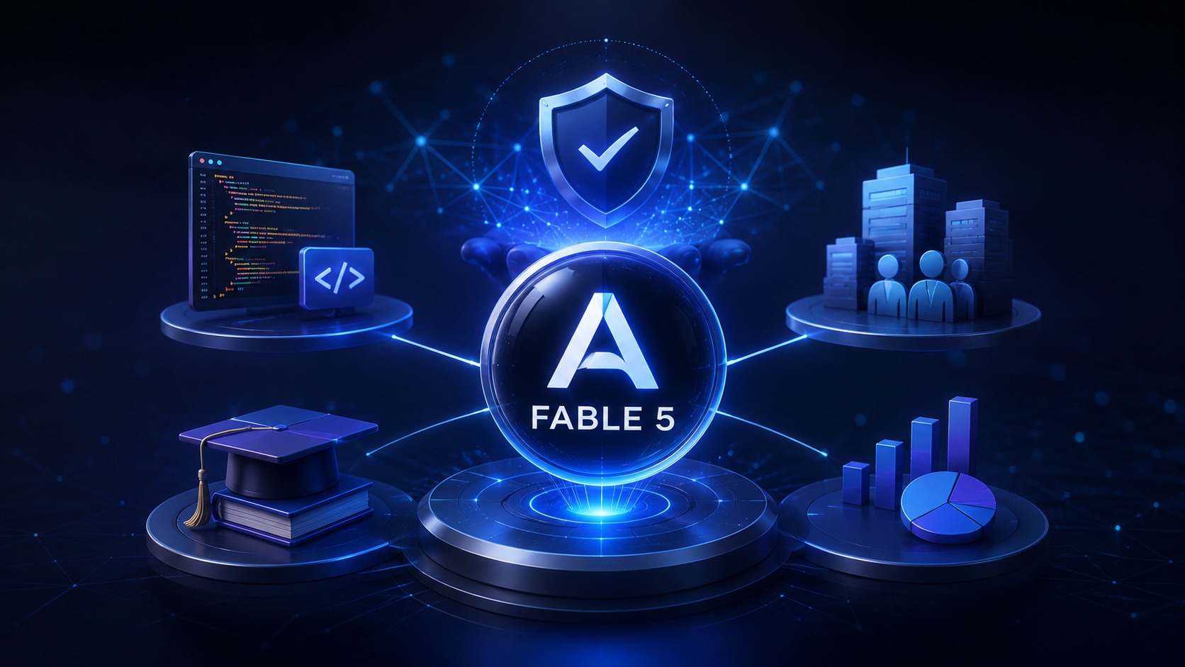 Anthropic Fable 5 modelinin eğitim, yazılım geliştirme, veri analizi ve kurumsal yapay zeka stratejisindeki rolünü gösteren teknoloji görseli