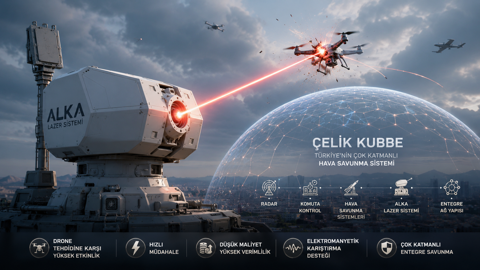 ALKA lazer hava savunma sisteminin drone tehdidini lazerle etkisiz hale getirirken Çelik Kubbe hava savunma mimarisine entegre çalışmasını temsil eden görsel