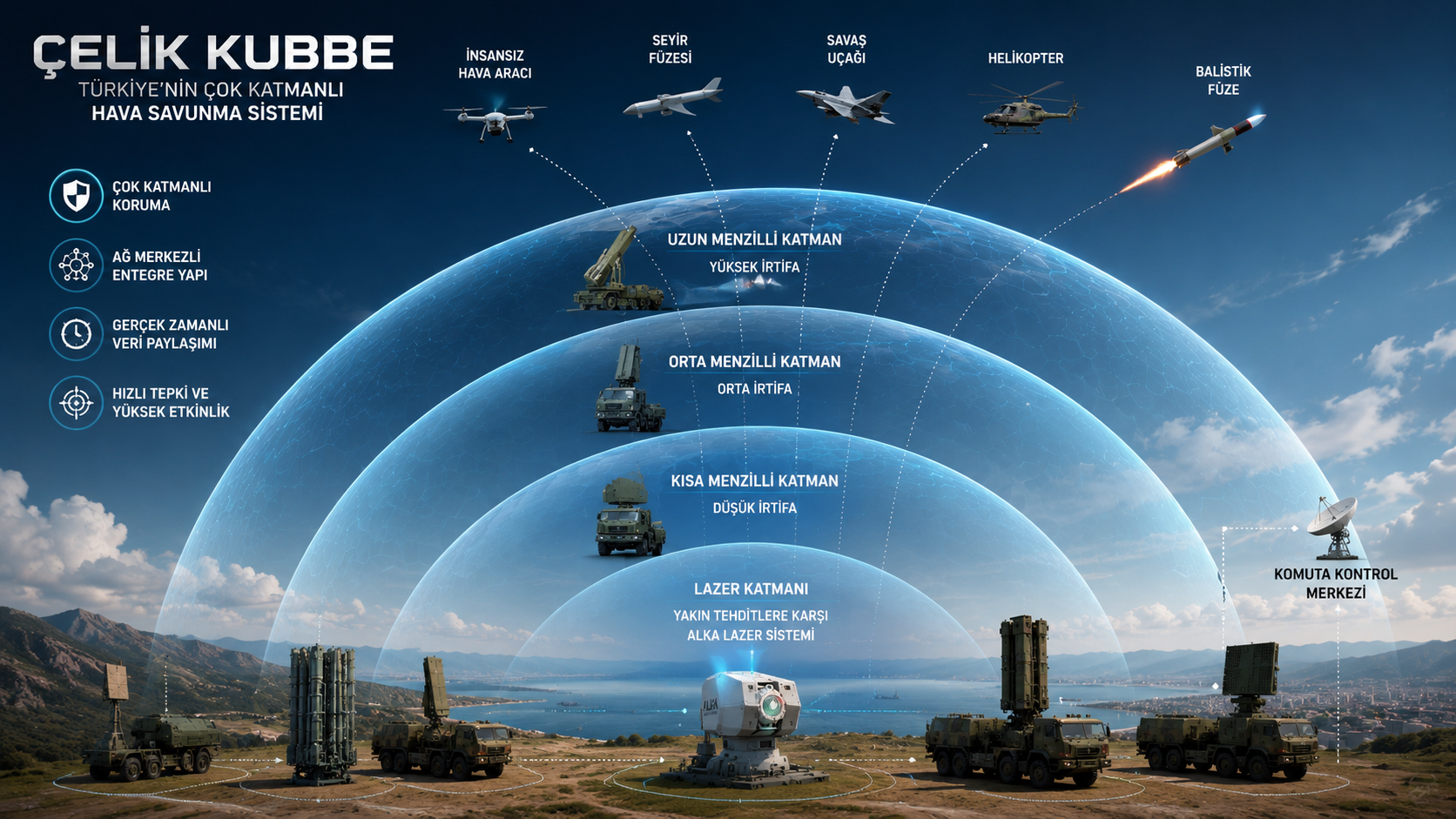 Çelik Kubbe çok katmanlı hava savunma sisteminin balistik füze, seyir füzesi, savaş uçağı, helikopter ve drone tehditlerine karşı entegre koruma yapısını gösteren görsel