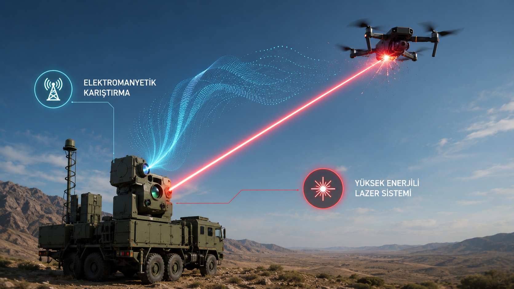 ALKA lazer sisteminin elektromanyetik karıştırma ve yüksek enerjili lazer teknolojisiyle drone hedefini etkisiz hale getirme prensibini gösteren görsel