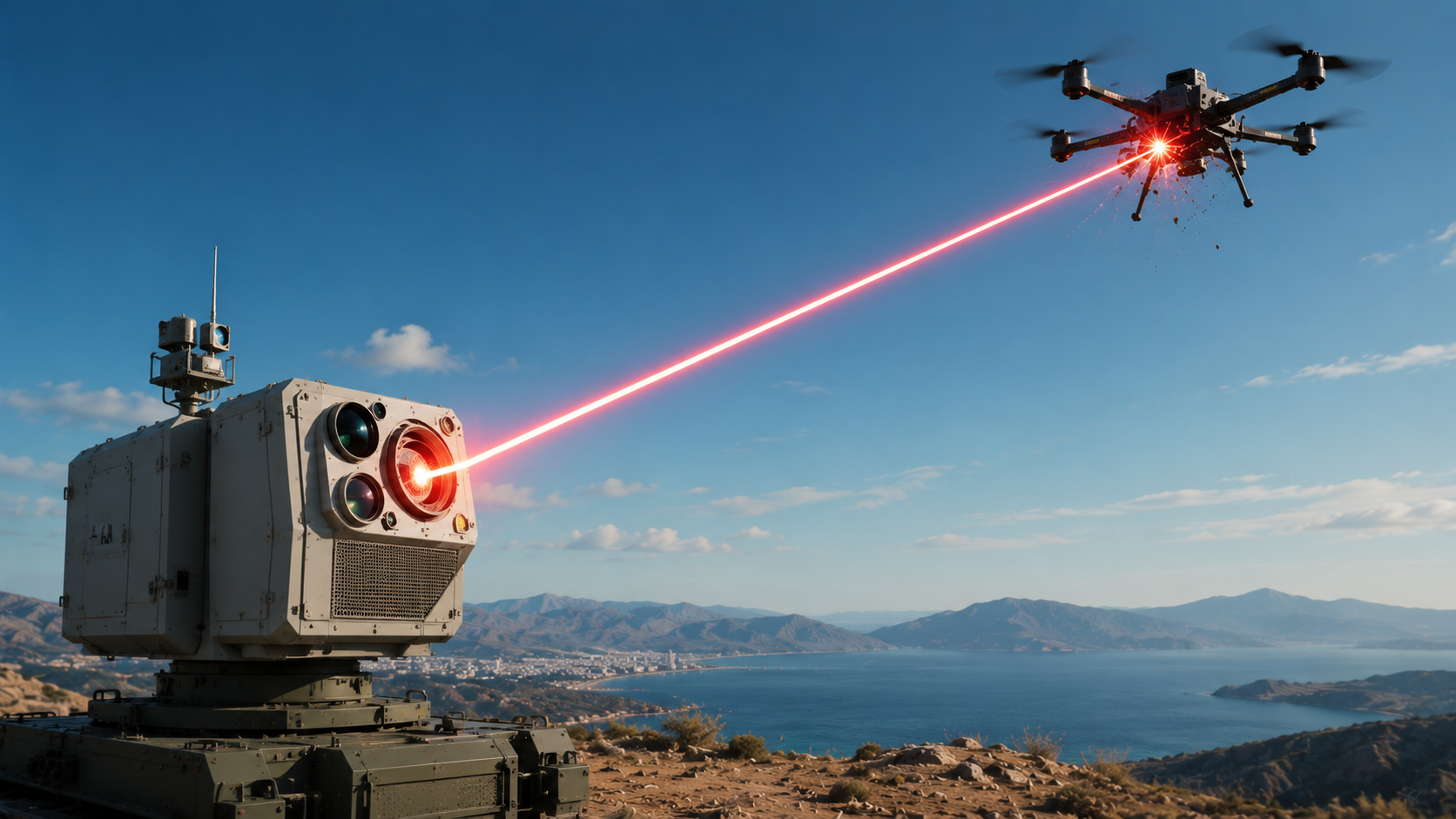 Lazer hava savunma sisteminin yüksek enerjili lazer ışınıyla drone tehdidini etkisiz hale getirmesini gösteren savunma teknolojisi görseli