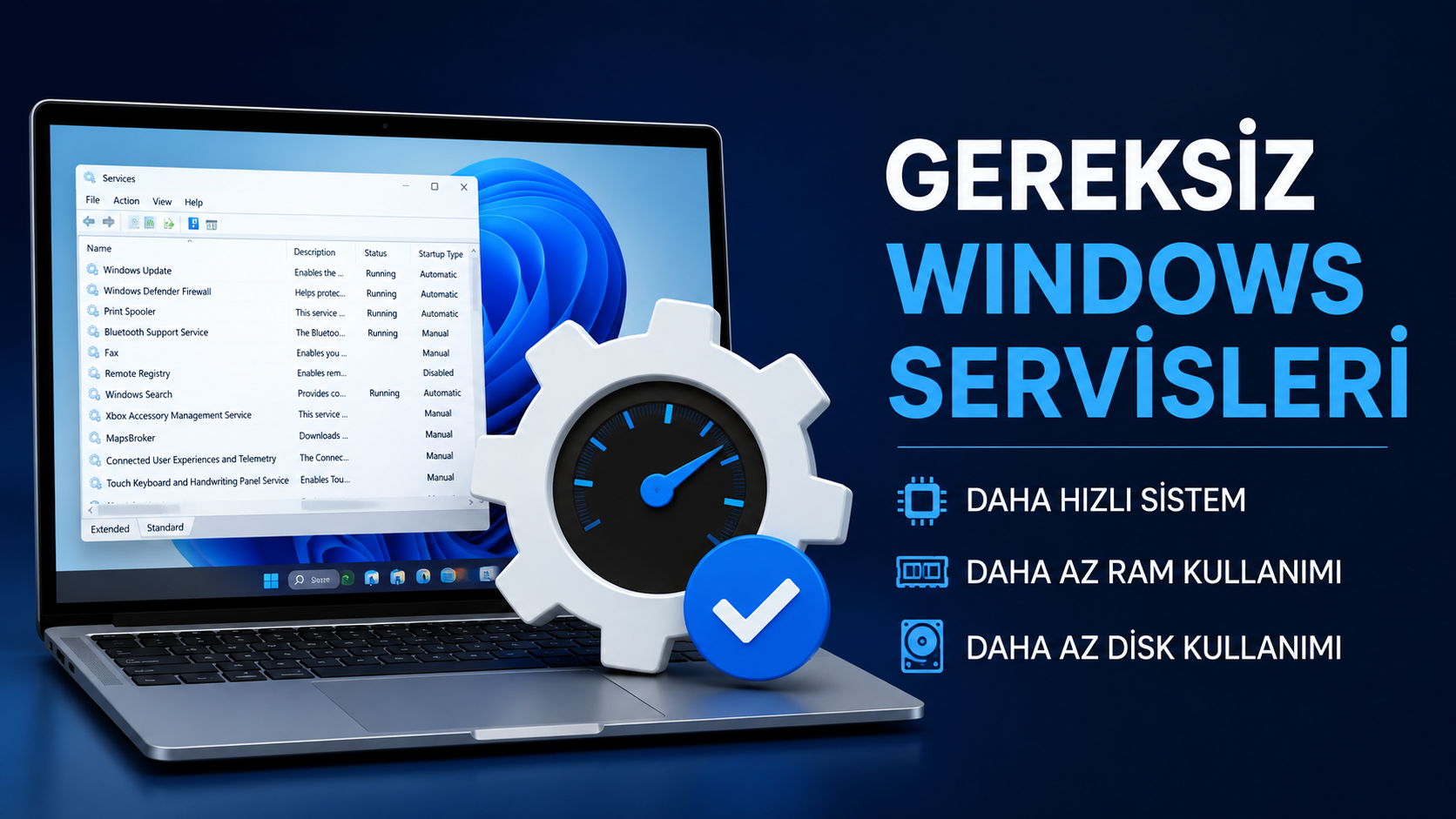 Windows servis yönetimi ekranı açık dizüstü bilgisayar, performans göstergeli dişli simgesi ve sistem optimizasyonunu temsil eden grafik öğelerle gereksiz Windows servislerinin performansa etkisini anlatan görsel.