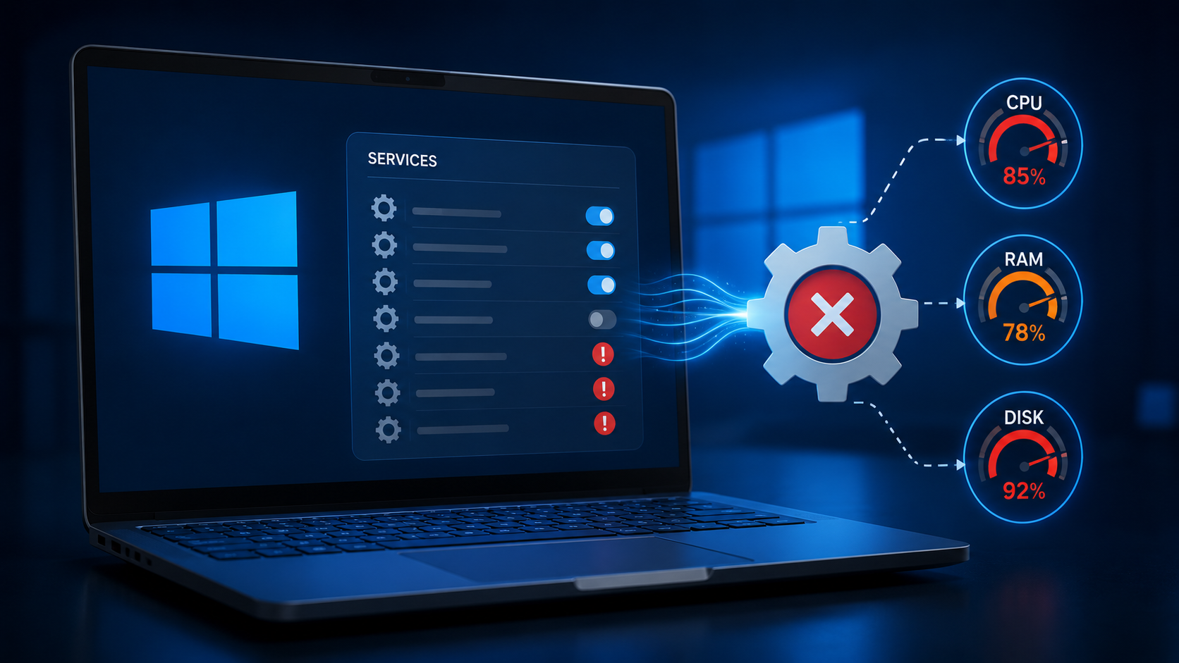 Windows işletim sistemi çalışan dizüstü bilgisayarda servis yönetimi ekranı, CPU, RAM ve disk kullanım göstergeleri ile gereksiz servislerin sistem performansına etkisini gösteren teknoloji temalı görsel.