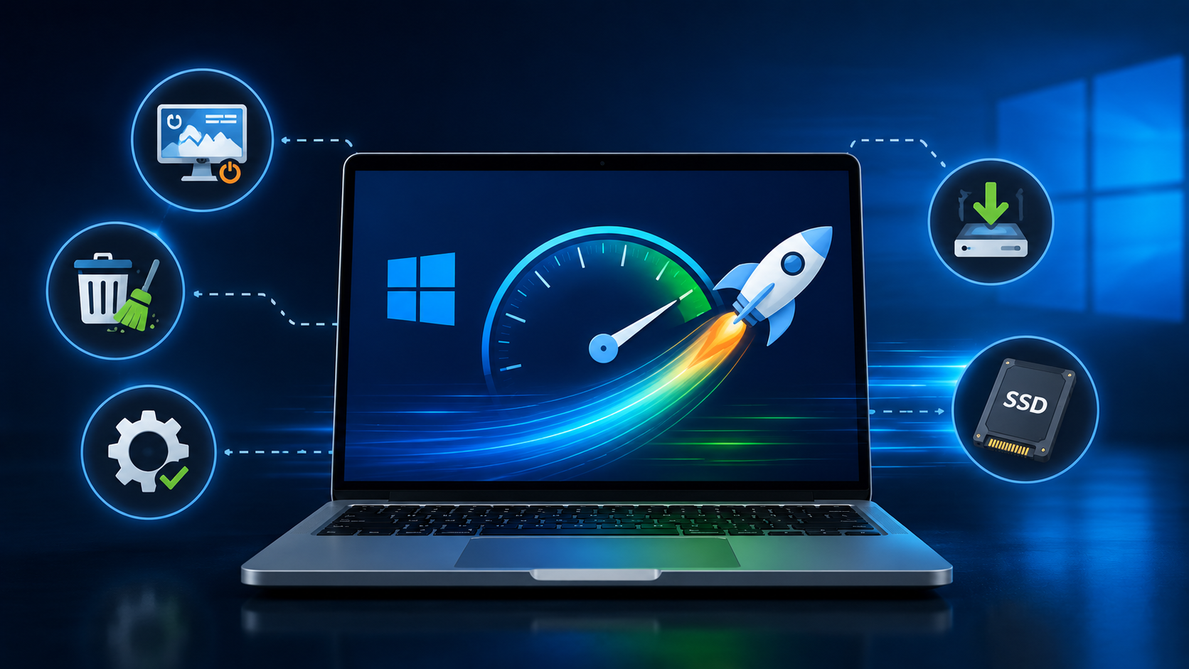 Windows işletim sistemli dizüstü bilgisayar ekranında performans göstergesi ve hızlanan roket simgesi, çevresinde SSD yükseltme, sistem ayarları, disk temizleme ve optimizasyon ikonları bulunan bilgisayar hızlandırma temalı görsel.  SEO Alternatif Alt Text: Windows performans artırma yöntemleri, SSD yükseltmesi, disk temizliği ve sistem optimizasyonu ile bilgisayar hızlandırmayı anlatan teknoloji görseli.