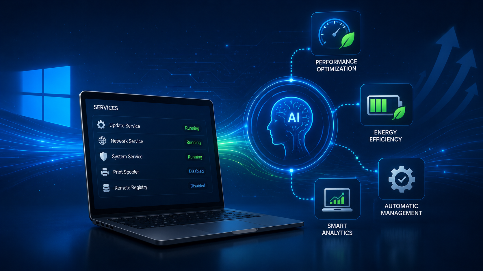 Yapay zeka destekli Windows servis yönetimini gösteren futuristik arayüz, optimize edilen sistem servisleri, performans analizi ve otomatik optimizasyon süreçlerini temsil eden teknoloji temalı görsel.