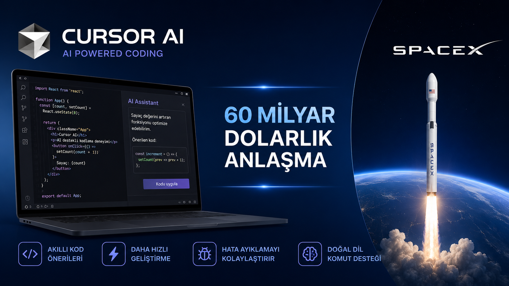 Cursor AI ve SpaceX iş birliğini temsil eden yapay zeka destekli kodlama aracı görseli. AI coding assistant, yazılım geliştirme ve 60 milyar dolarlık teknoloji anlaşmasını anlatan kapak görseli.