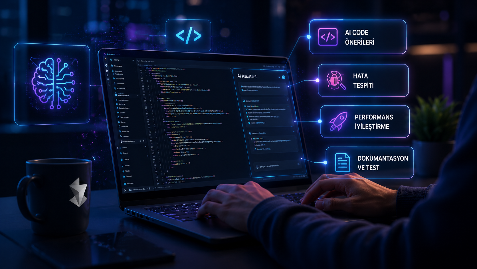 Cursor AI kullanan bir yazılım geliştiricisinin yapay zeka destekli kod önerileri, hata analizi ve proje geliştirme süreçlerini gösteren teknoloji temalı görsel.