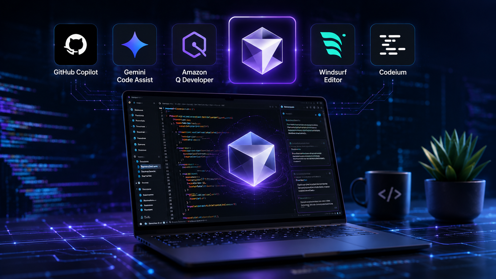 Cursor AI'ın GitHub Copilot, Google Gemini Code Assist, Amazon Q Developer, Windsurf Editor ve Codeium gibi yapay zeka destekli kod editörleriyle karşılaştırıldığı modern teknoloji temalı görsel.