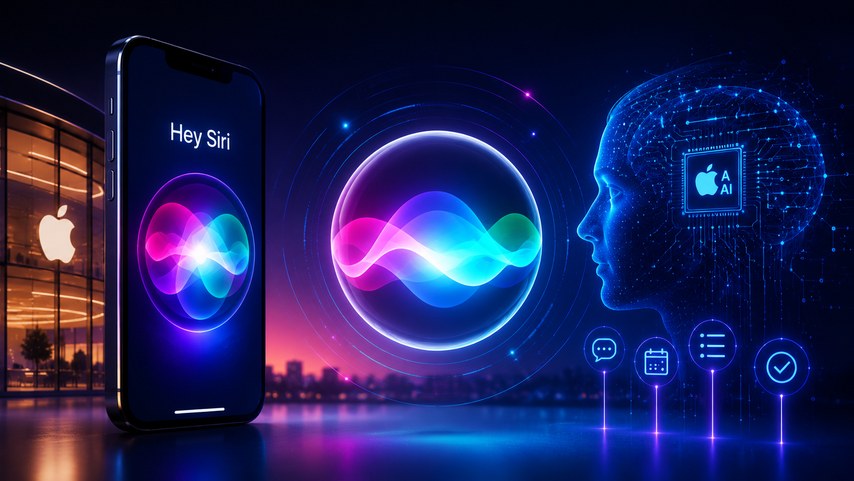 Apple'ın yeni Siri AI altyapısını, Apple Intelligence teknolojisini ve gelişmiş yapay zeka deneyimini temsil eden modern konsept görseli.