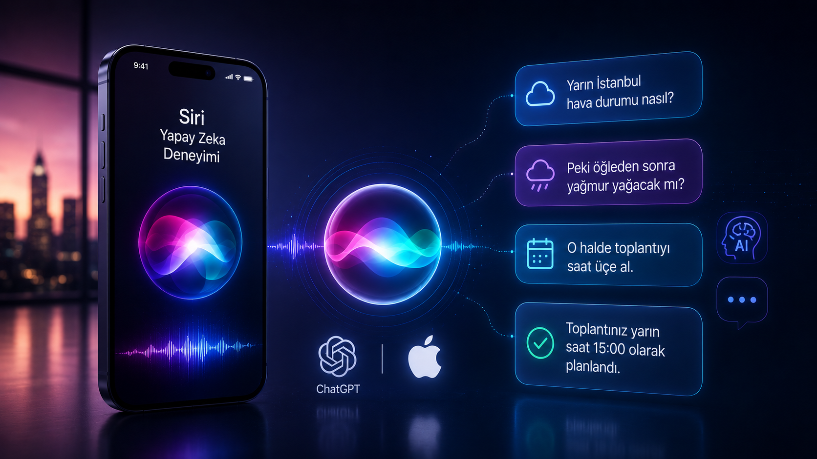 Yeni Siri AI'ın ChatGPT entegrasyonu sayesinde bağlamı anlayan, doğal konuşma gerçekleştiren ve çok adımlı komutları yerine getiren yapay zeka deneyimini gösteren konsept görseli.