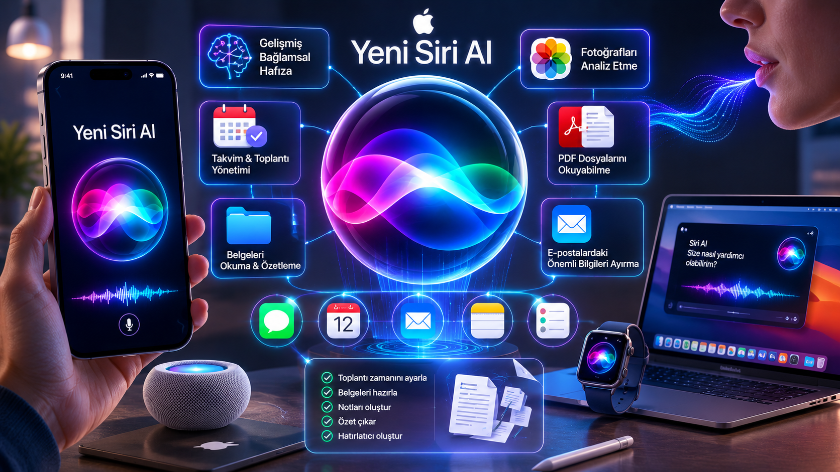 Yeni Siri AI'ın gelişmiş bağlamsal hafıza, uygulamalar arası otomasyon, belge analizi, fotoğraf inceleme ve doğal iletişim özelliklerini temsil eden konsept görseli.