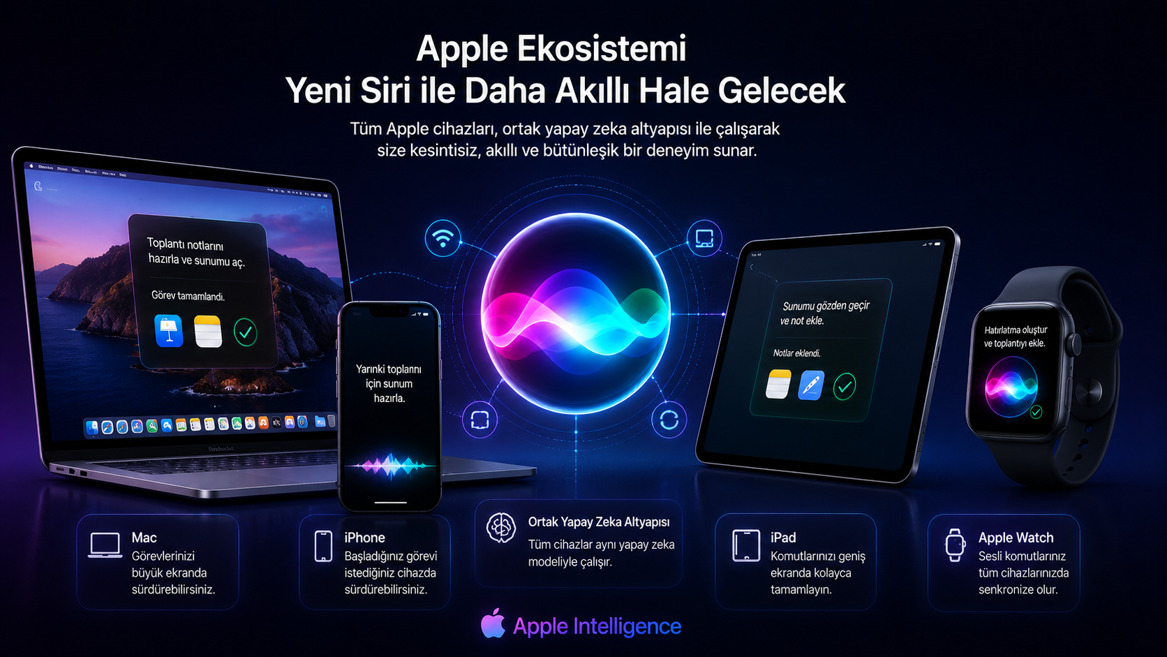 Yeni Siri AI ile iPhone, iPad, Mac ve Apple Watch arasında yapay zeka destekli entegrasyonu ve kesintisiz cihaz deneyimini gösteren konsept görseli.