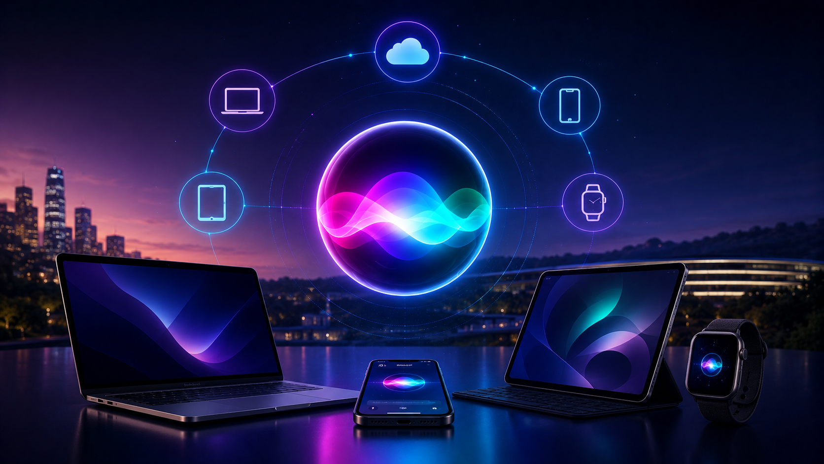 Yeni Siri AI ile iPhone, iPad, Mac ve Apple Watch arasında Apple Intelligence destekli yapay zeka entegrasyonunu temsil eden modern konsept görseli.