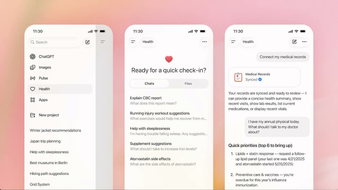 ChatGPT Health Temel Özellikleri Arayüz görselleri
