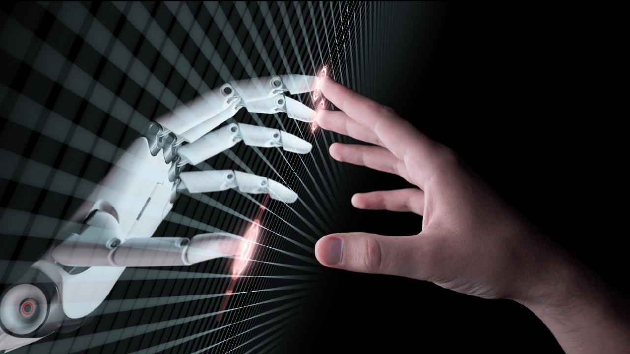 insan eli ve yapay zeka robot elinin etkileşimini tasvir eden görsel