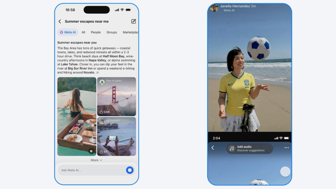 Facebook Al Mode ile tanıtılan özelliklerin yan yana iki farklı telefon ekranından görselleri