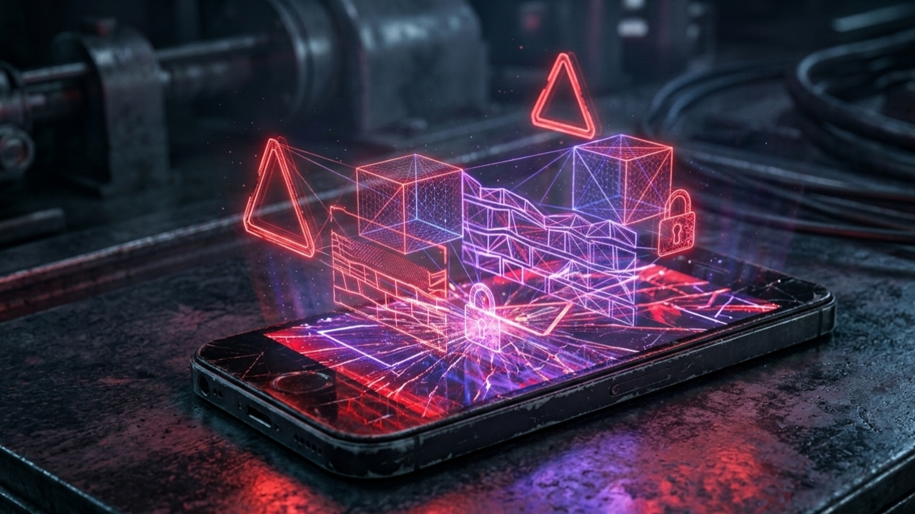 Telefon ekranından hologram olarak veri, kilit sembollü yapay zeka ile oluşturulmuş görsel