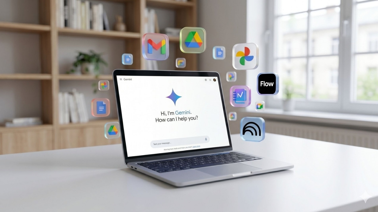 Masa üzerinde bulunan bilgisayar, ekranda Gemini açılış yazısı ve bilgisayarın etrafında bulunan Google bağlı uygulamaların ikonlarının bulunduğu görsel