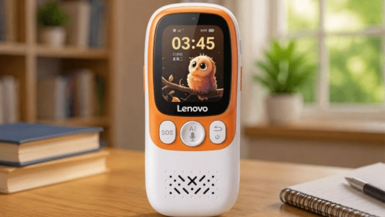 Turuncu renkte Lenovo Yapay Zeka Öğrenci Telefonu arka planda okul ve kitaplar yer alan görsel