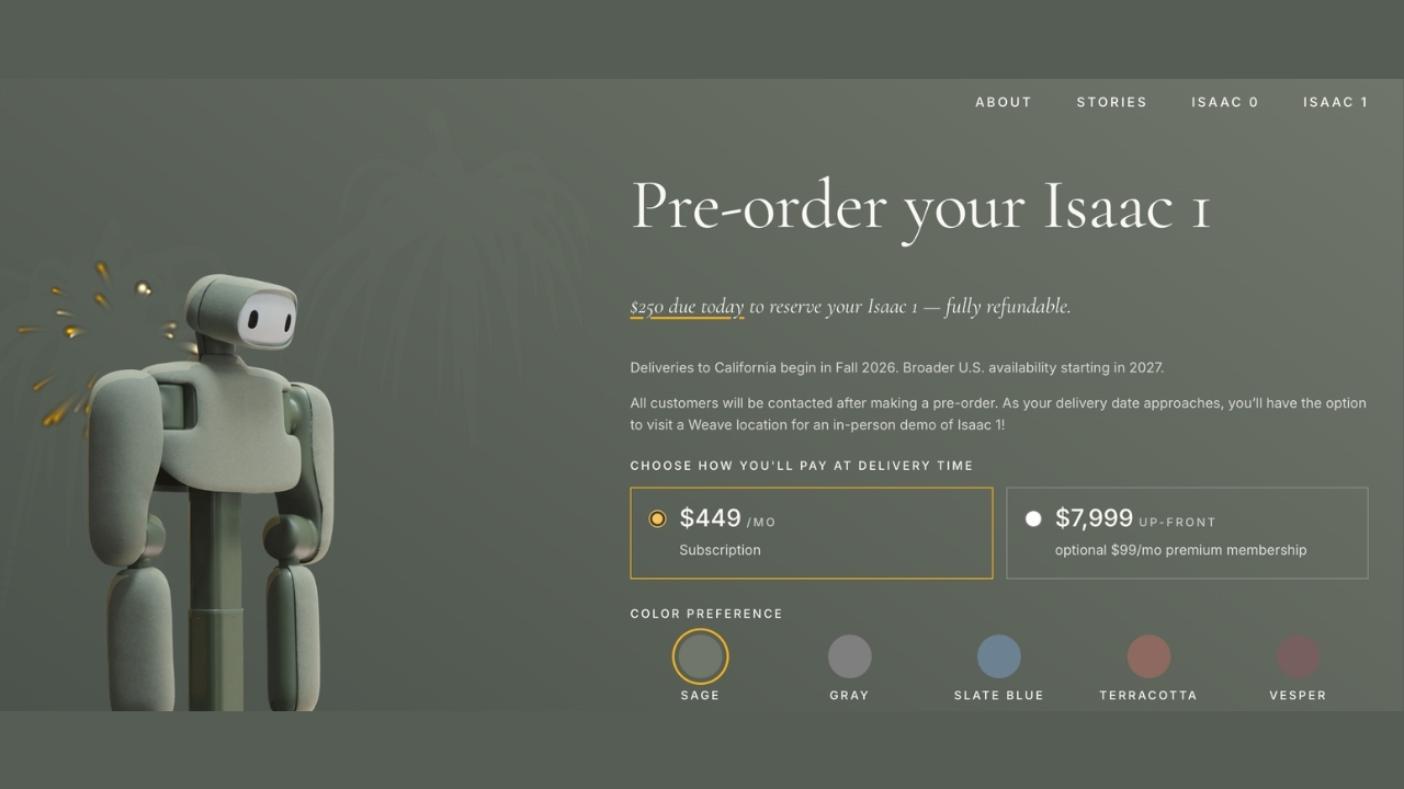 Ev robotu Isaac 1 web sitesinden sipariş ekranı görseli